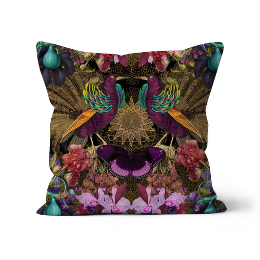 Square cushion with a montage design in purple and gold colours, featuring tropical birds, butterflies, tropical flowers and fruit