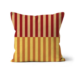 Red, mustard, and orange striped cushion cover, 100% organic cotton, designed by Mode Abode in Brighton, UK.