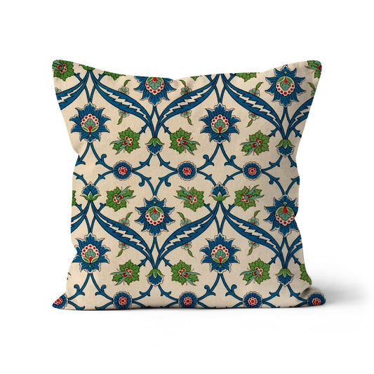 square shaped cushion with arabesque pattern in blue cream and green colours  45x45cmcm
