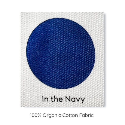 navy blue colour swatch, 100% organic cotton.