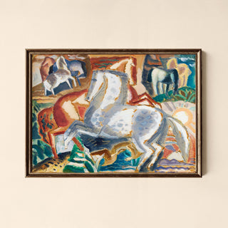 Framed abstract painting of horses on a beige wall kadinsk 