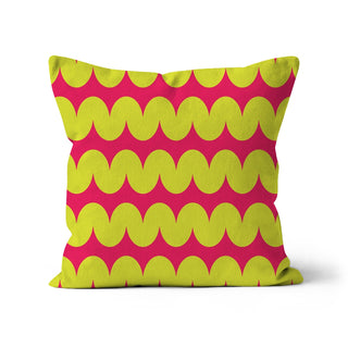 Lime yellow and fuchsia pink wave-pattern cushion cover, 100% organic cotton, designed by Mode Abode in Brighton, UK.