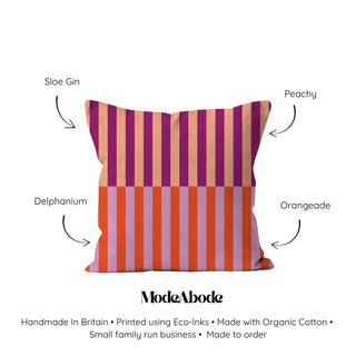 Striped pillow with color swatches labeled and ModeAbode branding.