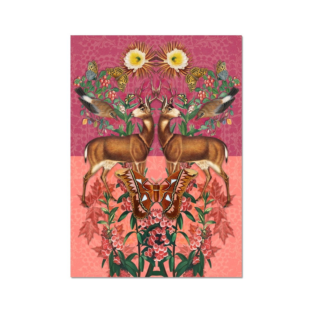 deer print, butterflies and deer fine art print, unframed print, pink print