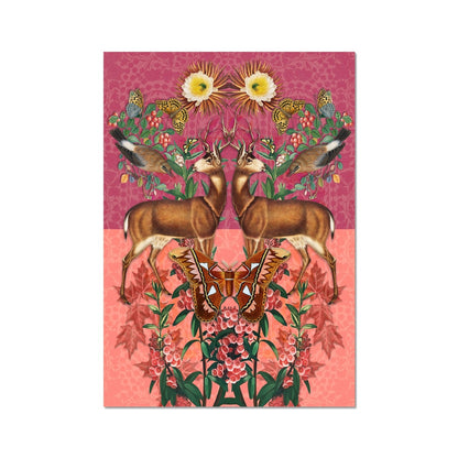 deer print, butterflies and deer fine art print, unframed print, pink print