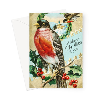 robin Christmas card, vintage robin Christmas card, vintage Christmas card, holly Christmas card.