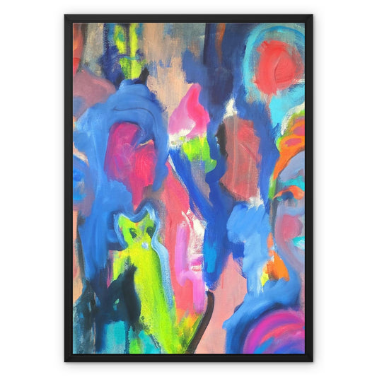 portrait shaped black framed colourful Naïve, abstract artwork in Nieve, Outsider art stye