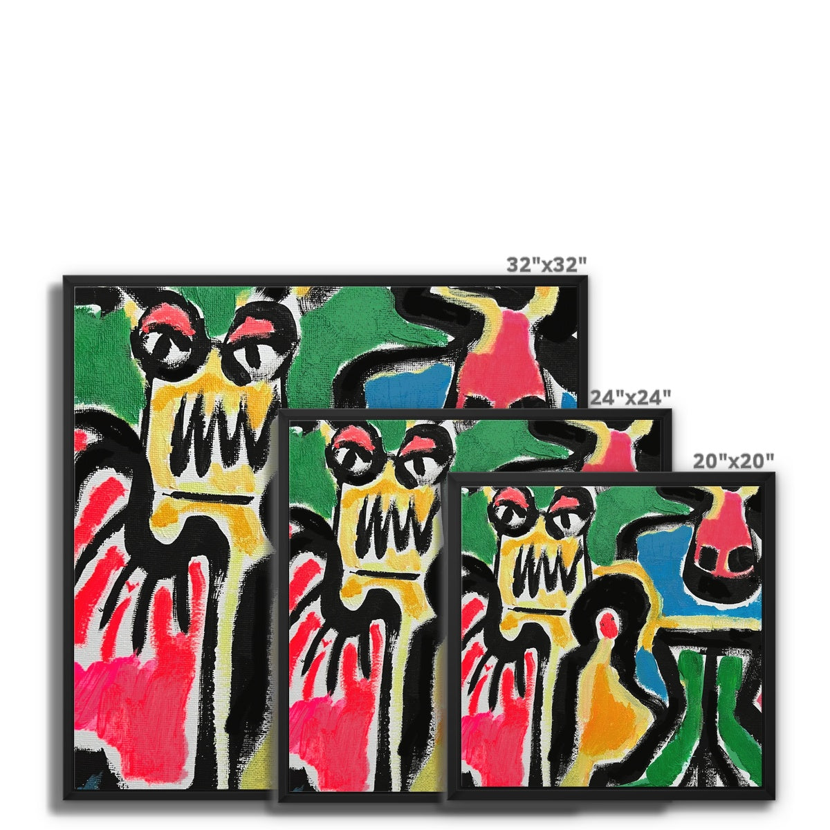 Three framed canvas prints on a white background, showing naïve style abstract artwork in sizes 32 x 32 inches, 24 x 24 inches and 20 x 20 inches square. colourful outsider art, abstract style featuring naïve faces, in a thin black wooden square frame.