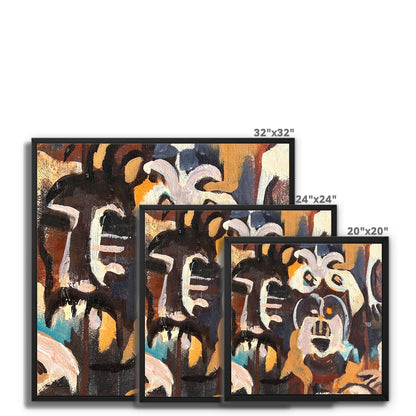 Three wooded framed canvas prints of naïve style Outsider Art, of tribal faces and masks in a subdued colour palette of browns, creams and yellows. Sizes of canvas prints are 32 x 32 inches, 24 x 24 inches and 20 x 20 inches square.