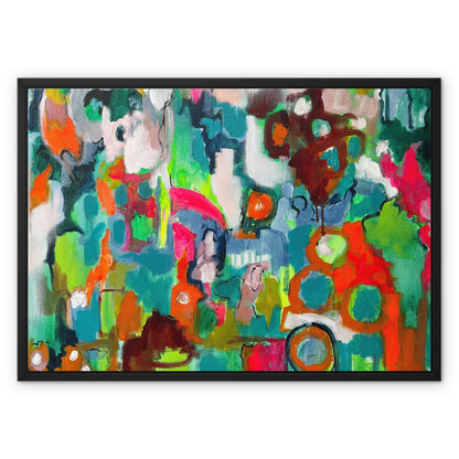 Bright and colourful outsider art, naïve style abstract artwork featuring colourful shapes in a landscape format. Canvas with a black frame.