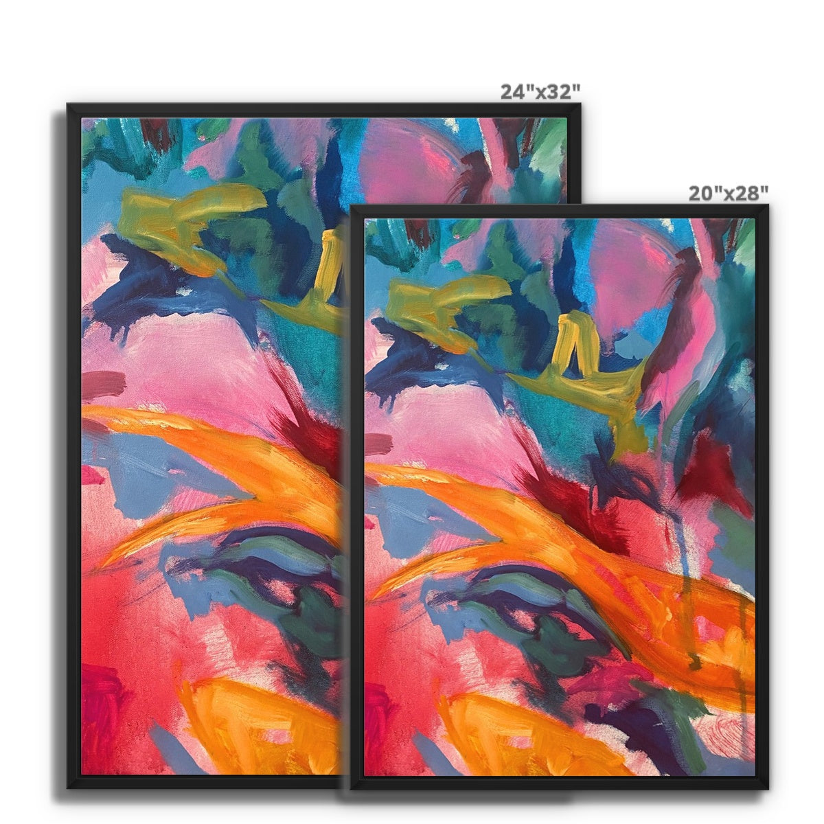 Two sizes of framed canvas prints with artwork in colourful abstract art style in landscape format sizes 24"x 32" and 20 inch x 28" inches.