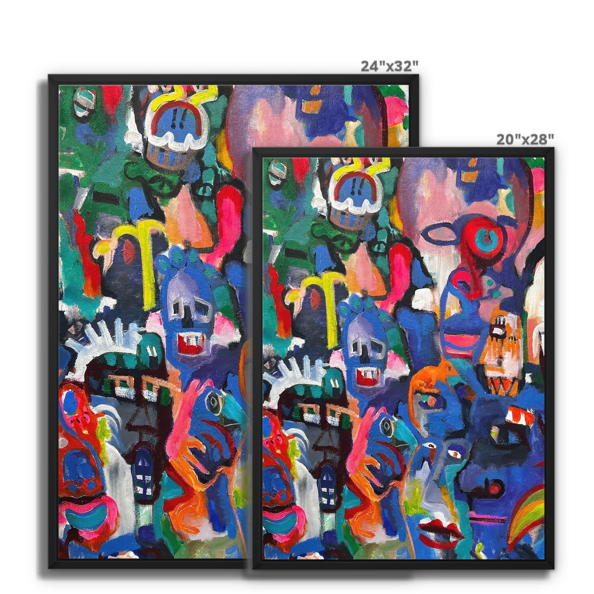 Two framed canvas prints showing naïve style abstract artwork in sizes 24"x 32” and 20 inch x 28" inches, colourful outsider art, abstract style featuring naïve faces, in landscape formats. 