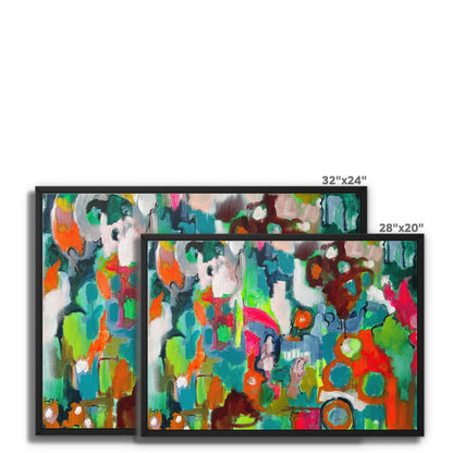 Two sizes of framed canvas prints with artwork in colourful outsider art style featuring naïve in a landscape format sizes 24"x 32" and 20 inch x 28" inch.