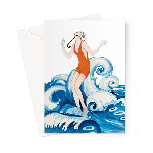 swimming lady greetings card, vintage swim card, 1920s vintage fashion card.