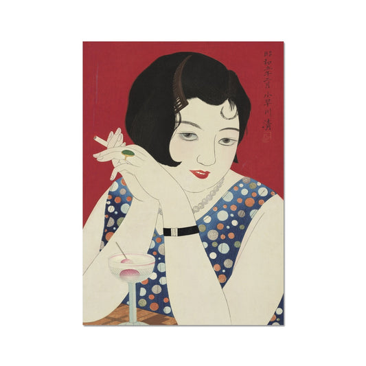 Fine art print, graphic style, vintage portrait of a japanese lady with a cocktial, smoking a cigarette, set against a red background.