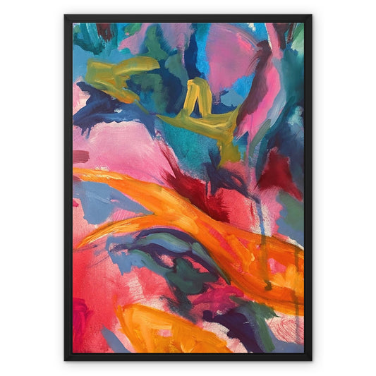 Portrait shaped, abstract artwork featuring colourful, shapes in goldfish orange, pink and blue. Framed with a simple thin black wooden frame
