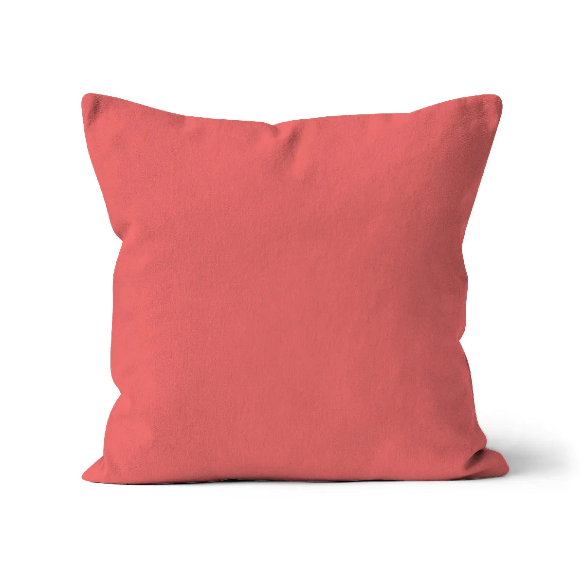 Coral pink cotton cushion cover. Warm-pink square scatter cushion cover. Made with organic cotton in the UK. Our sustainable homeware Plain cushion covers are printed with Eco-friendly water-based inks. Removable and machine-washable cushion covers. 
