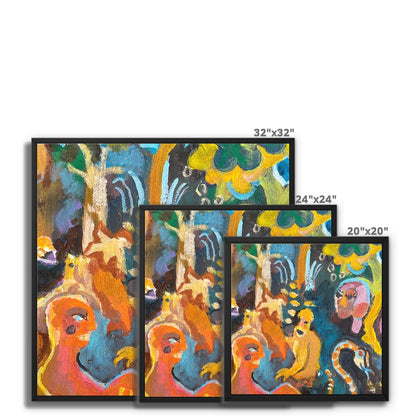 Three Square-shaped canvas prints featuring abstract artwork with colourful animals and trees in Outsider Art style. Black wooden framed canvas shown in sizes of 32 x 32 inches, 24 x 24 inches and 20 x 20 inches square.