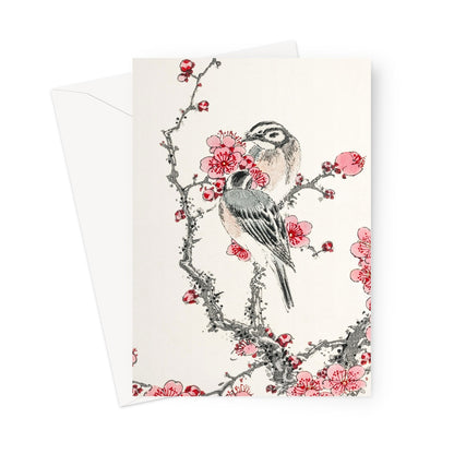 blossom and birdsping sparrows vintage illustration wild birds greetings card Japanese art greetings card