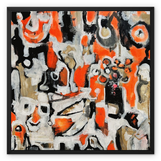 Square-shaped canvas with a wooden black frame. Bright and colourful painted abstract shapes and faces in bright neon orange black and white colours.