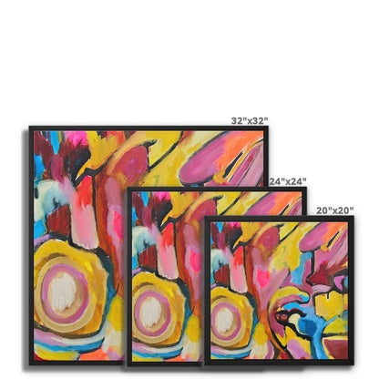 Three Square-shaped canvas print of abstract artwork in a colourful palette of bright and pastel shades. Black wooden framed canvas on white background. Sizes of canvas prints are 32 x 32 inches, 24 x 24 inches and 20 x 20 inches square.