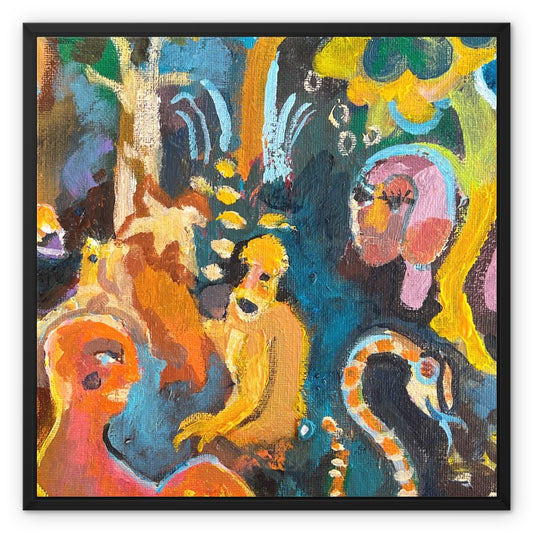 Square-shaped, canvas print naïve jungle setting, with colourful animals and trees in Outsider art style. Artwork is framed by a floating black wooden frame.