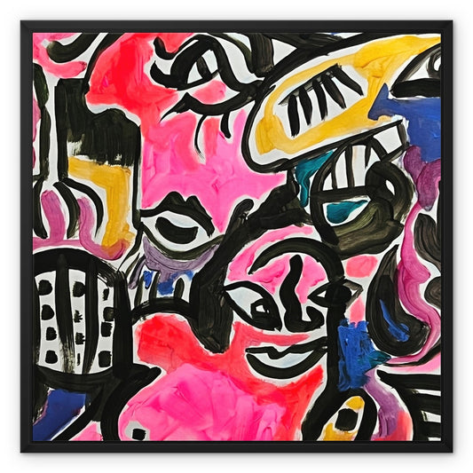 Square-shaped colourful painted abstract shapes and faces in primary colours framed with a thin black frame